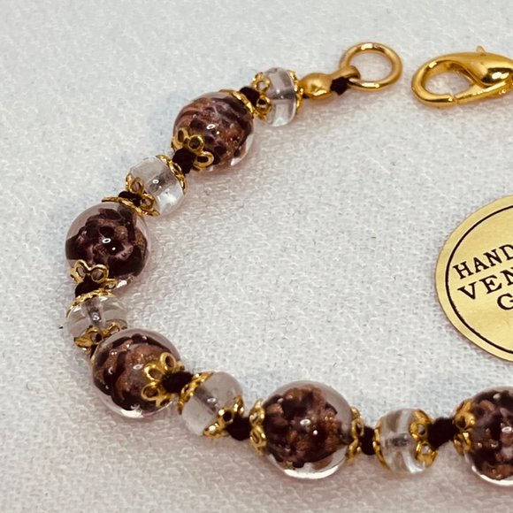 IBB Italy Gold Tone, Brown, Black And Clear Hand Made Venetian Glass Bracelet - Picture 4 of 4